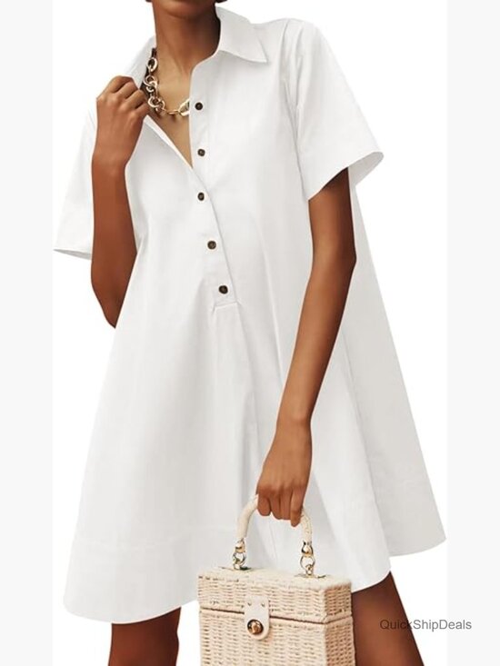 Dresses & Skirts - Oversized Button Mini Dress Short Sleeve V Neck Casual Flowy Cotton